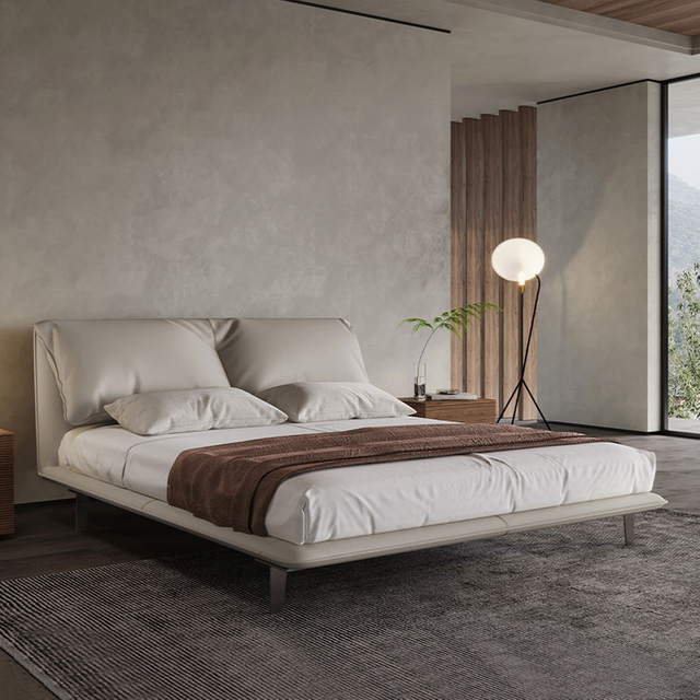 Italian Minimalist Design High Quality Saddle Leather Covered Modern Style King Size Bedroom Furniture Soft Bed