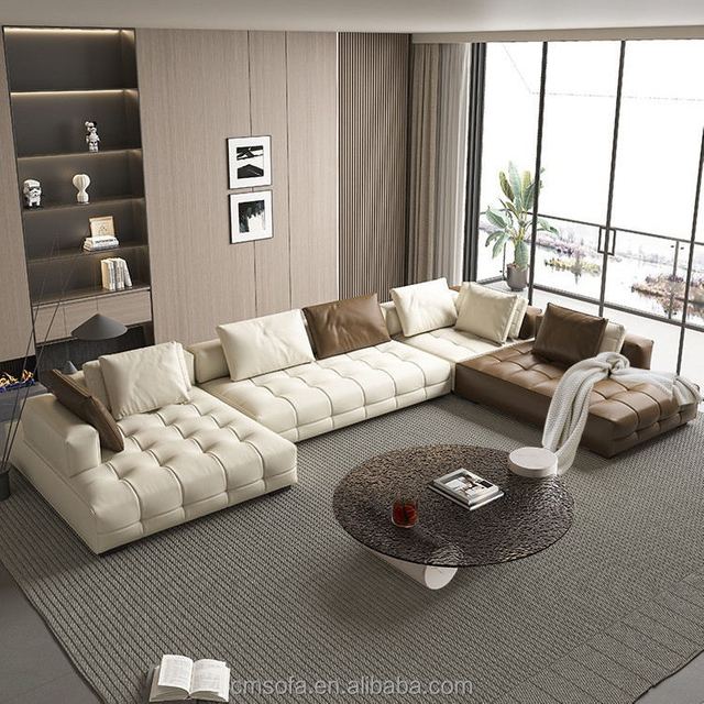 Luxury L-shaped Sofa Set Villa Home Living Room Furniture Italian Modular Leather Large-sized Couch