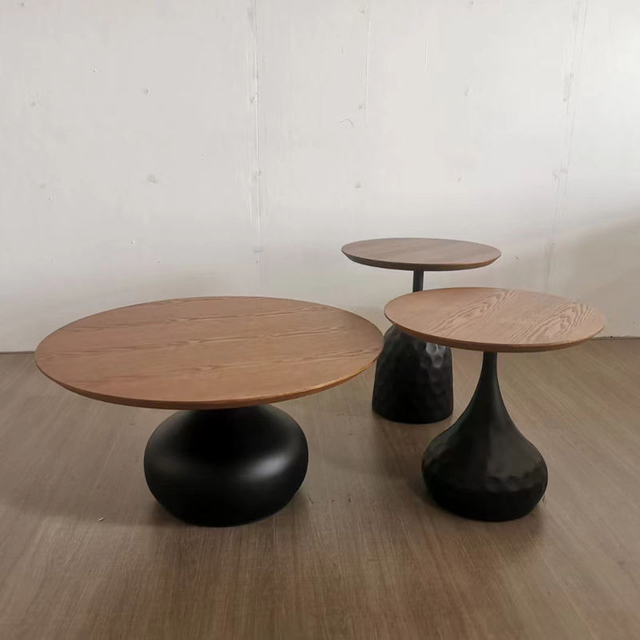 Mesa redonda contempor&acirc;nea de caf&eacute; e ch&aacute;, tampo de madeira preto com metal, a&ccedil;o e material de ferro, conjunto de m&oacute;veis para sala de jantar e estar