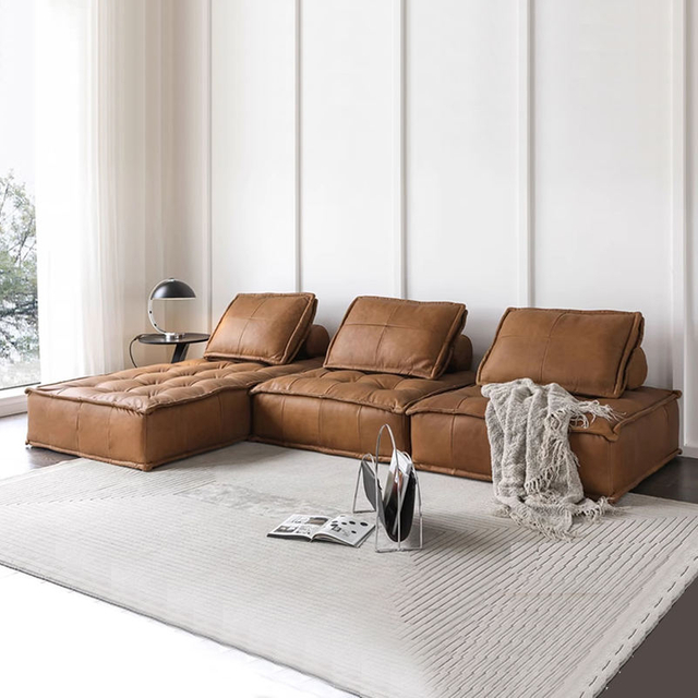 Modern Design Sectional Chesterfield Modular Luxury Living Room Furniture Couch Orange Comfortable Leather Hotel Room Sofa