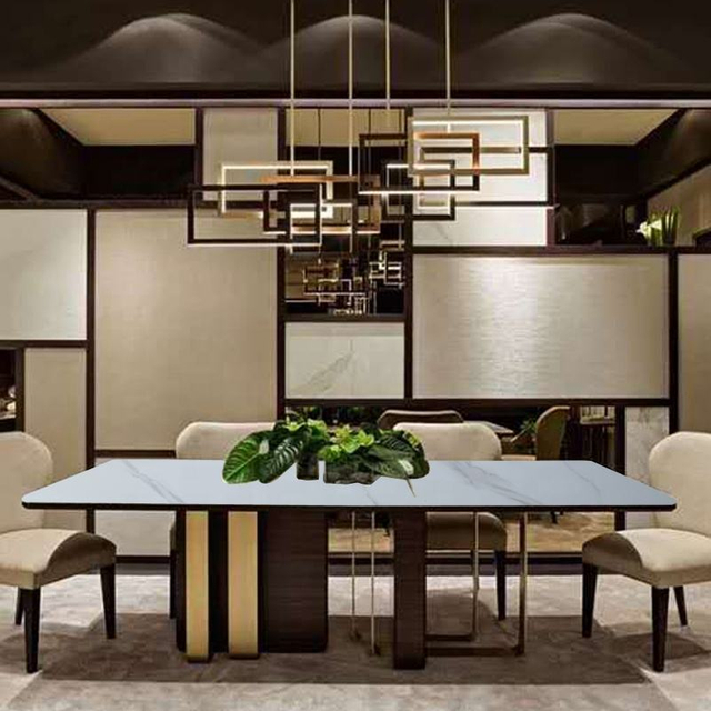 Modern Italian Style Solid Wood and Stainless Steel Leg Marble Stone Top Dining Table