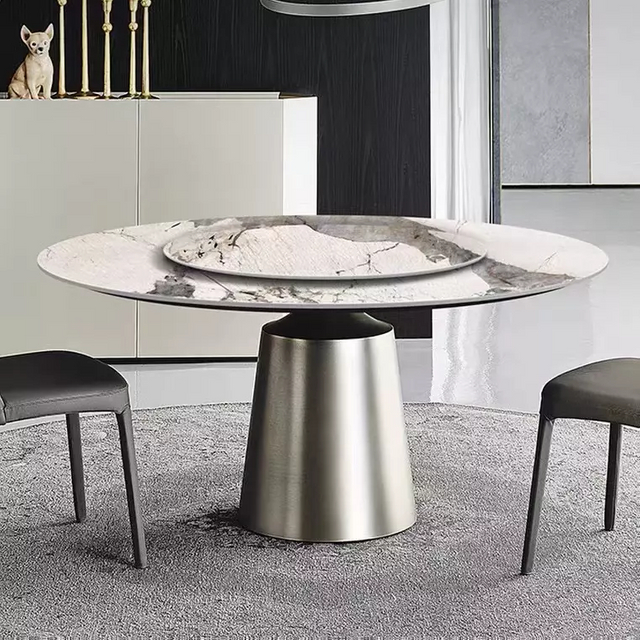 Italian Luxury Dining Room Furniture Simplicity Round Marble Top Dining Table Stainless Steel Table with Brushed Brass Color