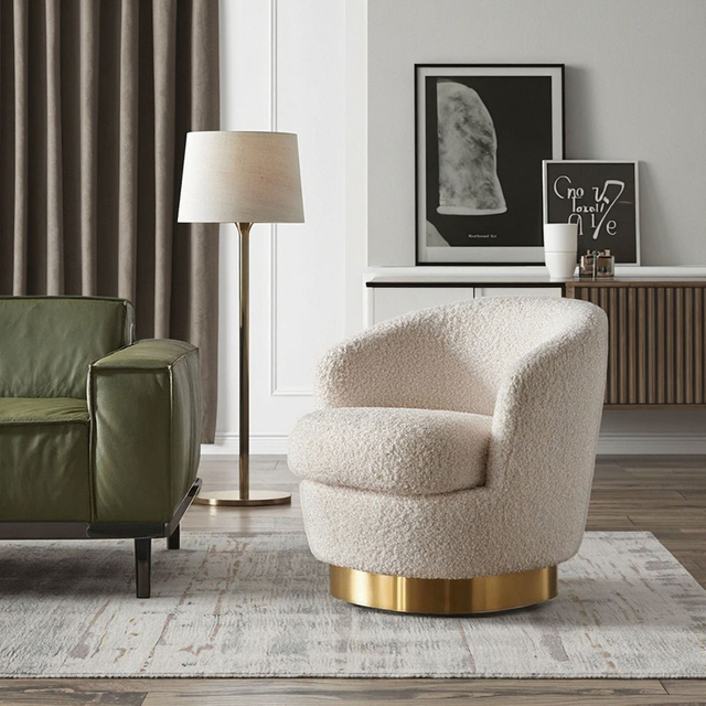 Nordic Rounded Golden Stainless Steel Boucle Fabric Single Sofa Chair Modern Design Bedroom Dining Hotel Leisure Lounge Chair