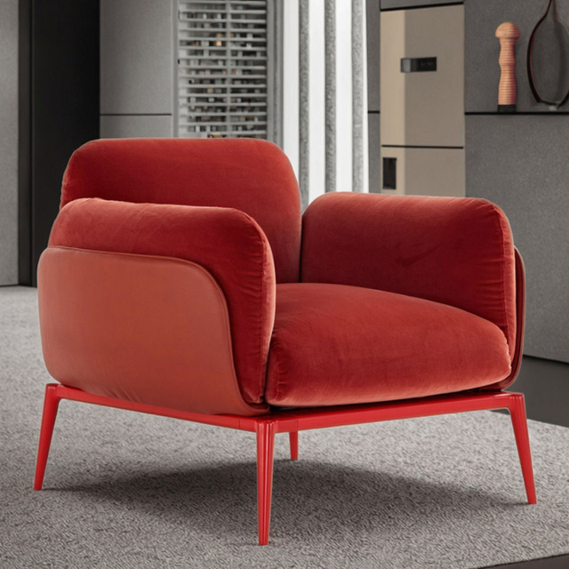 Modern Luxury Sofa Chair Red Metal Leg Velvet Fabric Office Sofa Suite Apartment Beauty Salon Hotel Lobby Bedroom Single Person