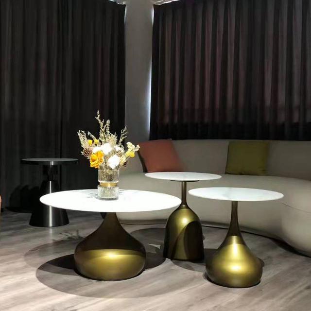 Living Room Traditional Vintage Furniture Design Ceramic Top Gold Metal Base Round Coffee Side Tables