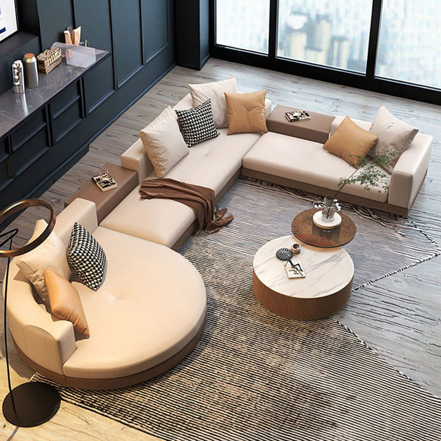 Modern Home Furniture Living Room Modular L Shape Sofa Couch Italian Design Curved Leather Sectional Sofa Combinations Set