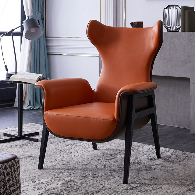 Modern Wood Leisure Chair Leather Sofa Chair Living Room Hotel Commercial Space High Back Chair
