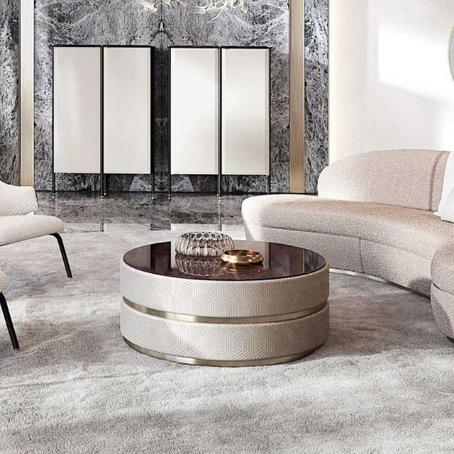 Italian Light Luxury Round Tea Table Stainless Steel Leather Marble Tempering Glass Coffee Table for Villa Living Room Hotel