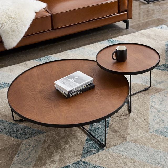 Wholesale Living Room Furniture Simple Small Round Wooden Top Metal Frame Coffee Table Set