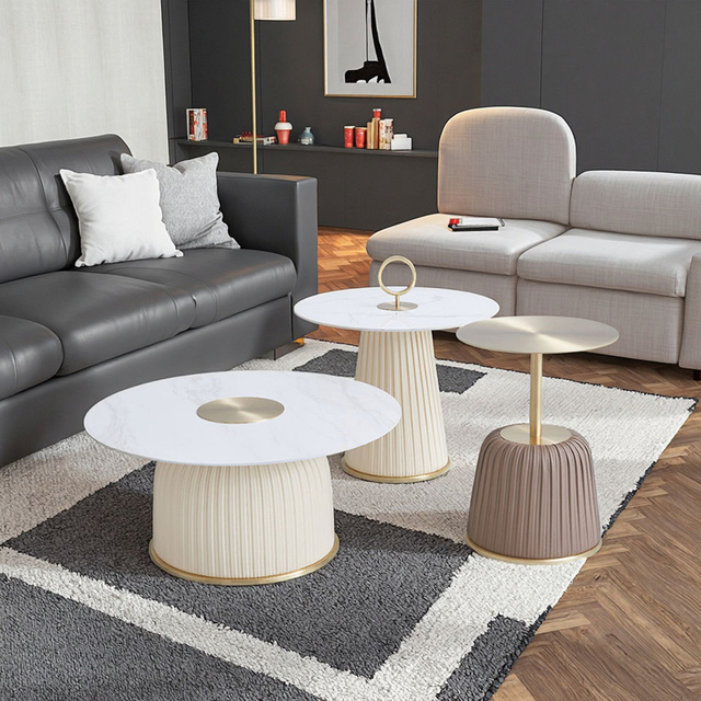 Modern Marble Top Coffee Table Golden with Leather Oak Corner Side Tea Table Several Combinations for Living Room Furniture