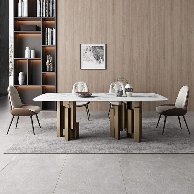 Modern Luxury Stainless Steel Leg Coffee Table Marble Stone Top Metal Dining Tables Sets