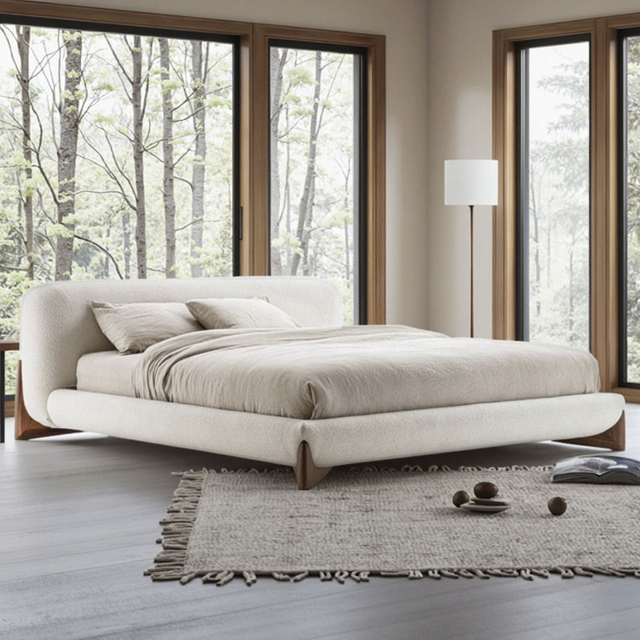 Factory Direct Sales Nordic Style Solid Wood Lamb Fabric Bed Bedroom Furniture Italian Luxury Modern King Size Bed Set