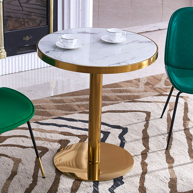 Contemporary Simple Style Coffee Table Gold Chromed Base Round White Marble Top Restaurant Dining Table