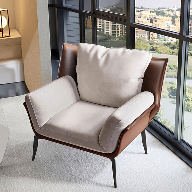 Modern Living Room Single Sofa Luxury Hotel Saddle Leather Armchair Velvet Leisure Lounge Chair
