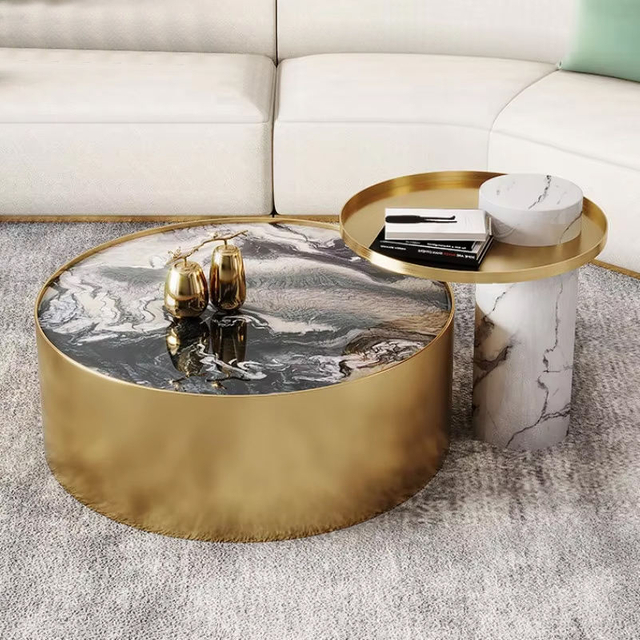 Modern Luxury Design Hotel Coffee Table Set Golden Stainless Steel Frame Marble Round Center Tea Table for Living Room Furniture