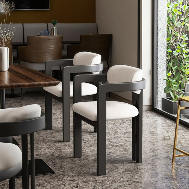 Black Solid Wood Frame Dining Chairs with Beige Fabric Leather Nordic Light Luxury Dining Chair Household Back Stool