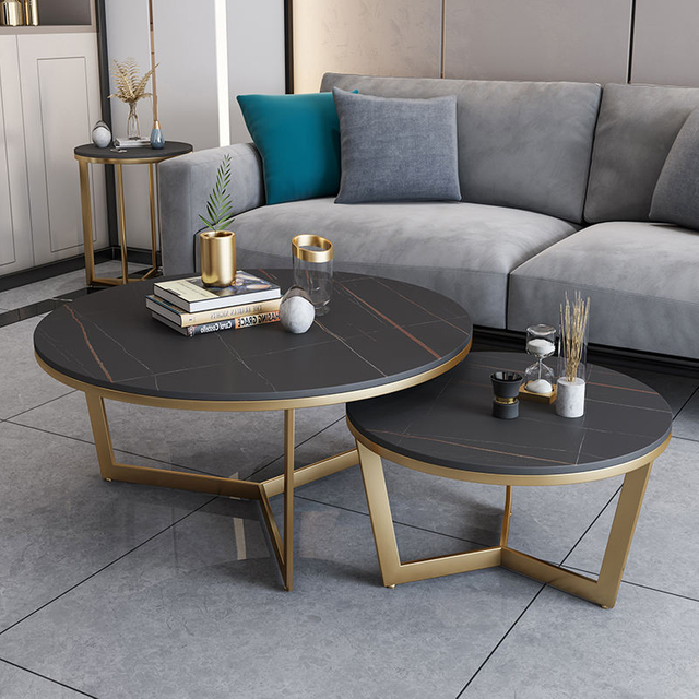 Luxury Round Coffee Table Sets Modern Living Room Stainless Steel Furniture Marble Rock Slab Coffee Table