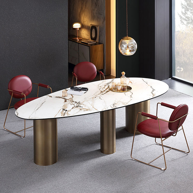Luxury NEW Design Dining Room Furniture OVAL Table Stainless Steel Base Marble Top Smart Dining Tables for Home