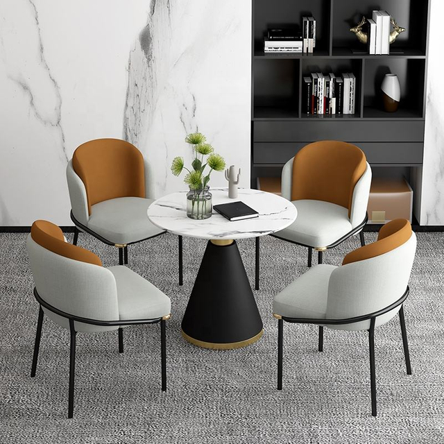 Italian Modern Dining Room Furniture Dining Table and Chairs Metal Leg Double-deck Backrest Velvet Fabric Cafe Restaurant Chair