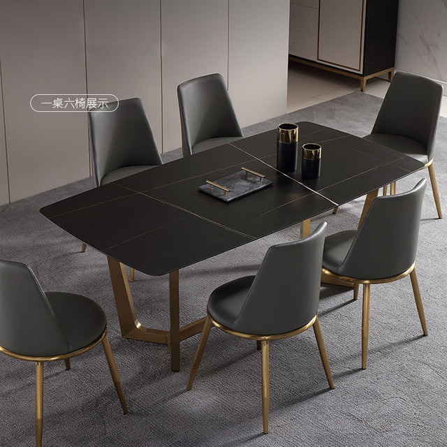 Italian Rectangular Marble Dining Table Stainless Steel Gold Leg Dining Set of 6 Chairs