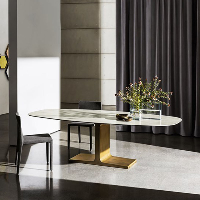 Modern Hotel Dining Room Furniture Rectangular Marble and Stainless Steel Metal Leg Dining Table