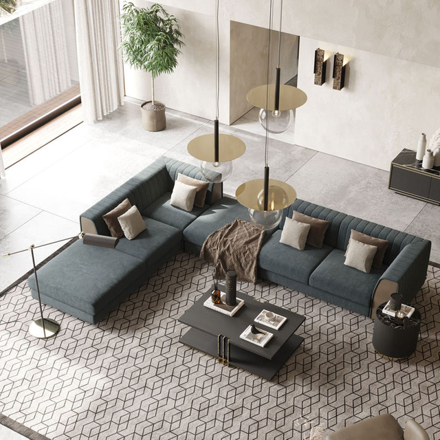 High Quality Living Room Sofa Velvet Fabric Modern Furniture Hotel Lobby Villa Luxury L-shaped Sectional Couch Sofa Set
