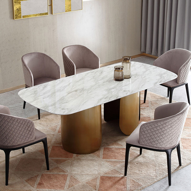 Modern Dining Table Set for Home Furniture Stainless Steel Round Marble Dining Table Set of 6 Chairs