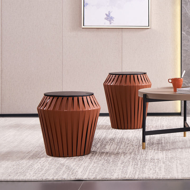 Italian Design Round Coffee Table Creative Storage Stool Saddle Leather Side Table