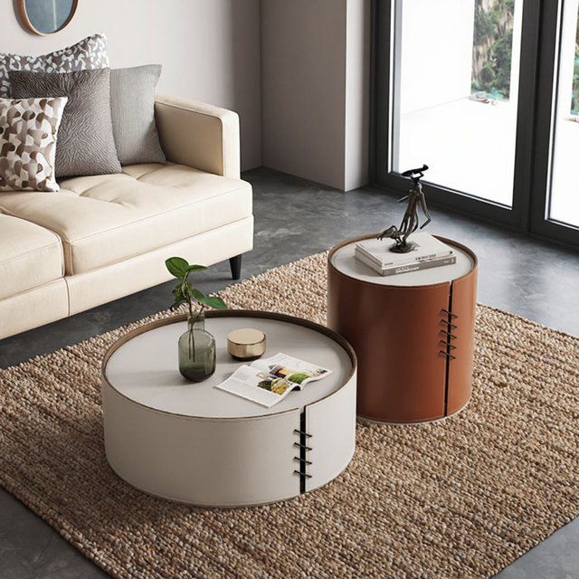 Modern Round Coffee Table Set with Simple Birch Horse Saddle Leather Tea Table for Living Rooms Hotels Apartments