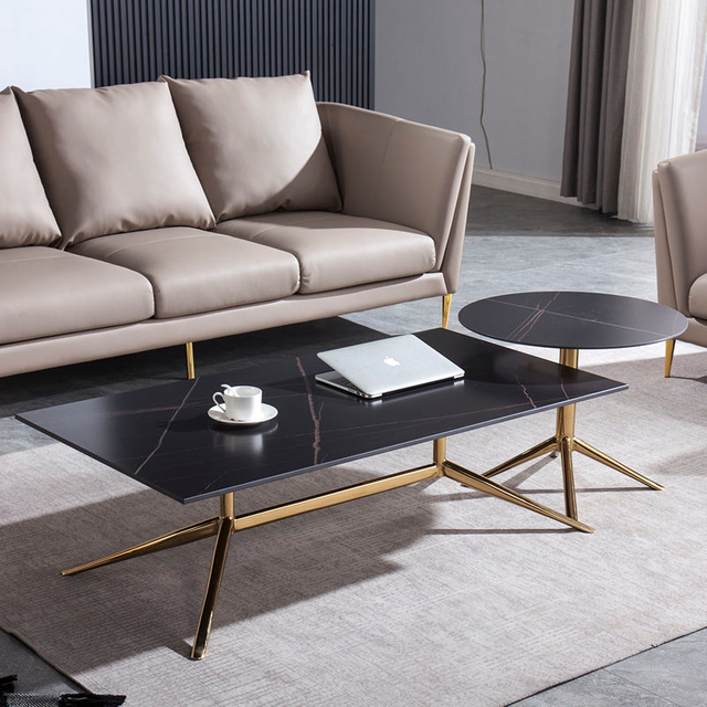 Modern Luxury Living Room Round Stainless Steel Marble Coffee Table Set