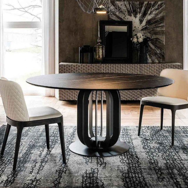 Modern Luxury Style Black Round Marble Top Dining Table Sets With Turntable for Restaurant Furniture