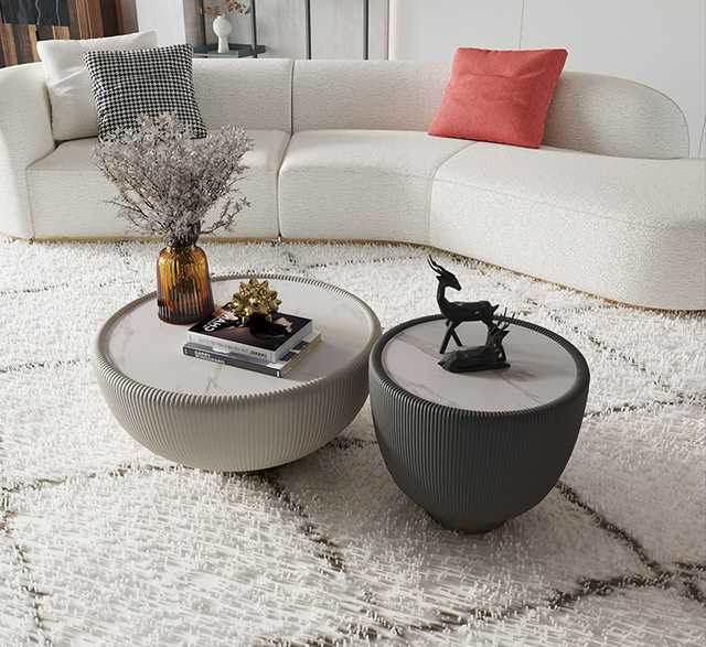 Living Room Center Table With Rock Slab Top Microfiber Leather Titanium Base Round Coffee Table