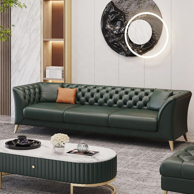Italian Luxury Sectional Sofa Set Leather Pull Button Sitting Room Furniture Modern Hotel Villa Living Room 3-seat Sofa