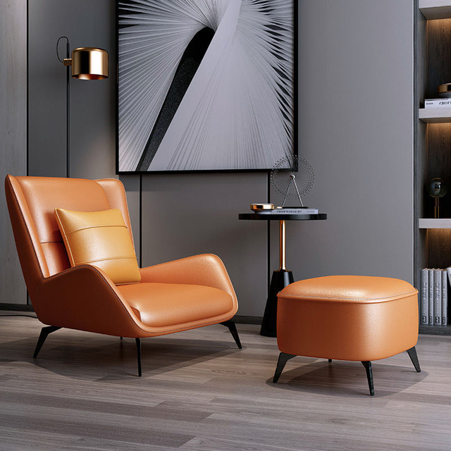Italy Style Mininalism Hotel Single Seater Leather Lounge Armchairs with Foot Ottoman Living Room Sofa Chair