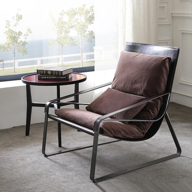Sill&oacute;n italiano minimalista de tela de cuero, sill&oacute;n perezoso moderno con marco de hierro s&oacute;lido, sill&oacute;n para sala de estar con relleno de plum&oacute;n