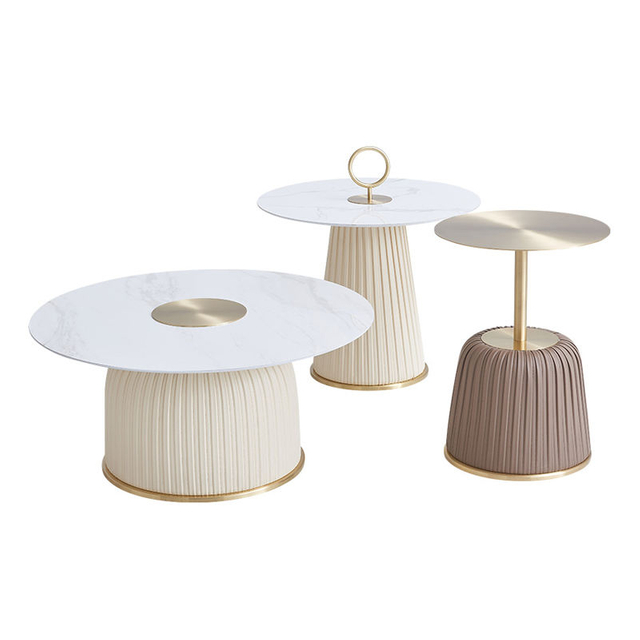 Luxury Living Room Furniture Modern Design Ceramic Top Gold Stainless Steel Round Coffee Table Set