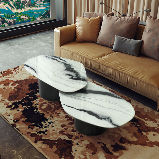 Modern Stainless Steel Coffee Table Chinese Natural Panda White Marble Drop-Shaped Creativity Design Office Home Central Table