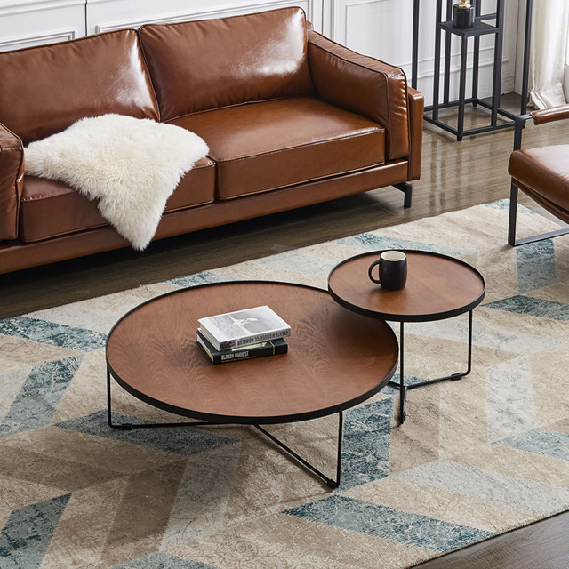 Nordic Modern Living Room Furniture With Round Solid Wood Panels and Metal Legs Coffee Table Set