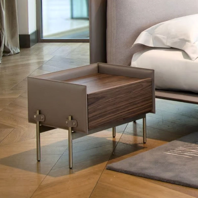 Modern Design Night Stand Bedroom Furniture Italian Home High Class Luxury Stainless Steel Saddle Leather Bedside Table