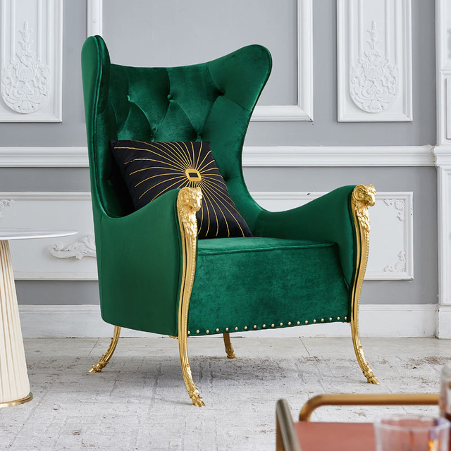 High End Luxury Leisure Living Room Wingback Sofa Chair Italian Design Gold Metal Arm Chair